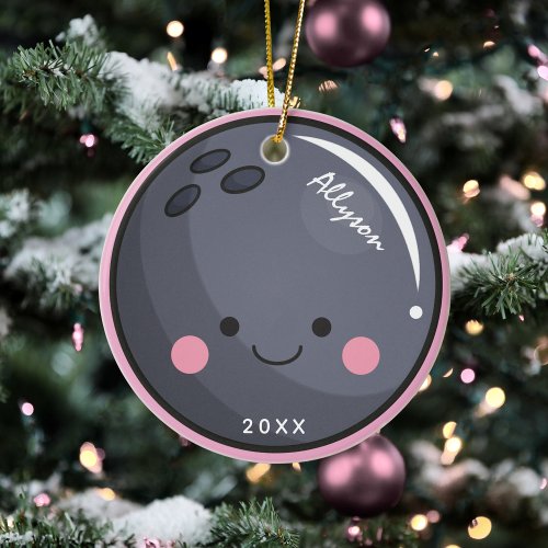 Cute Kawaii Bowling Ball Girl's Name &amp; Year Sporty Ceramic Ornament