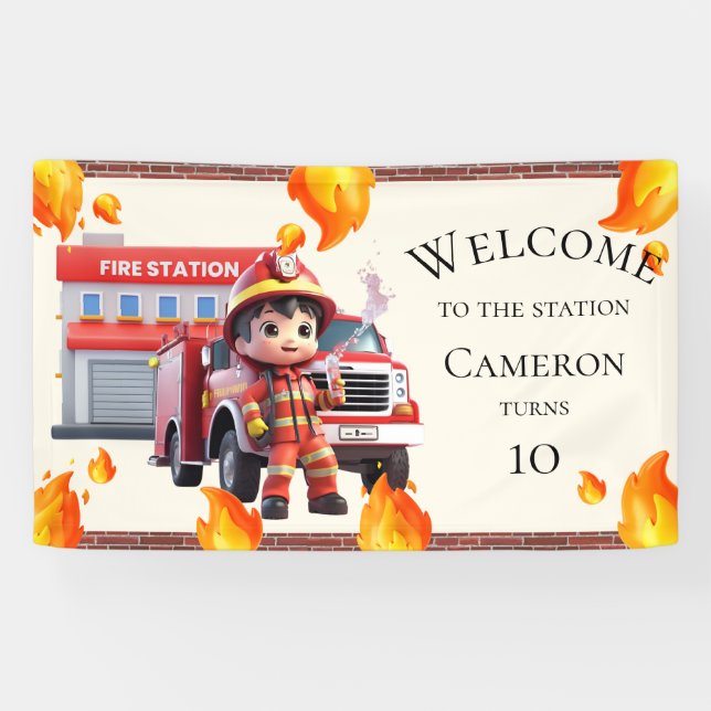 Cute Kawaii Boy Firefighter Fire Truck Party Banner (Horizontal)