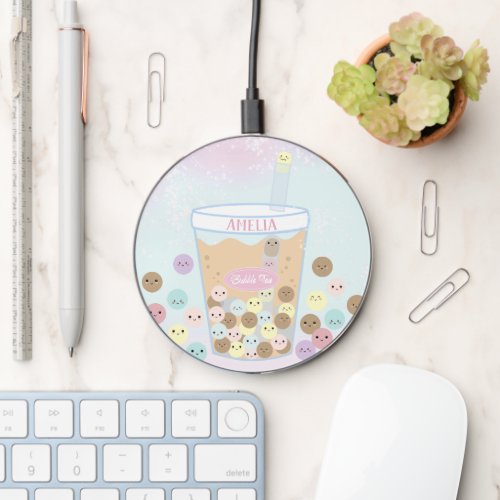 Cute Kawaii Bubble Pearl Milk Tea Drink Rainbow Wireless Charger