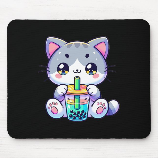 Cute Kawaii Bubble Tea Cat Japanese Kitten Anime  Mouse Pad (Front)