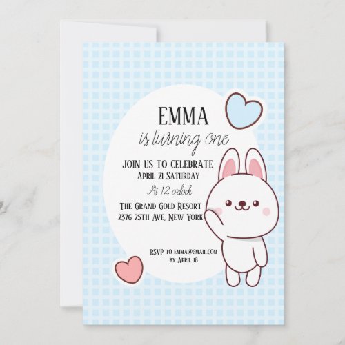 Cute Kawaii Bunny 1st Birthday Invitation