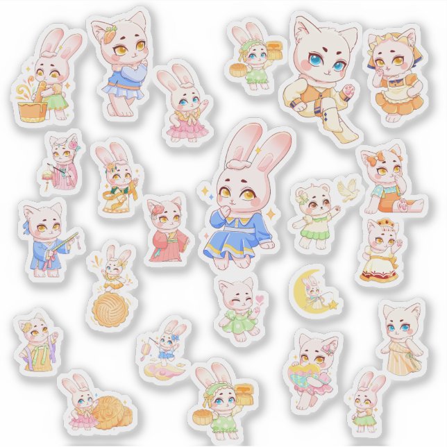 Cute Kawaii Bunny and Cat Stickers (Front)