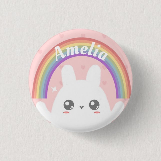 Cute Kawaii Bunny and Rainbow Personalised Button (Front)