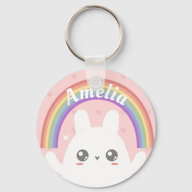Cute Kawaii Bunny and Rainbow Personalised Keychain (Front)
