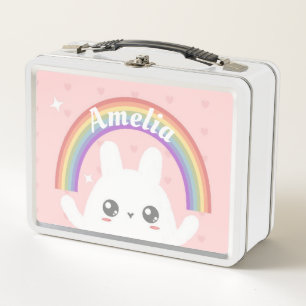 Cute Kawaii Bunny and Rainbow Personalised Metal Lunch Box