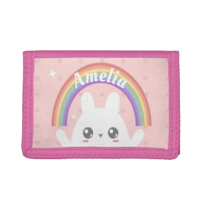 Cute Kawaii Bunny and Rainbow Personalised Tri-fold Wallet