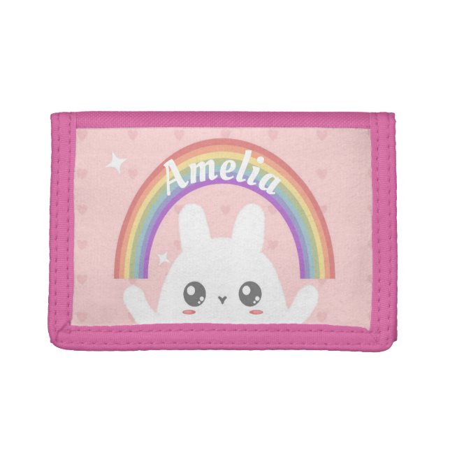 Cute Kawaii Bunny and Rainbow Personalised Trifold Wallet (Front)