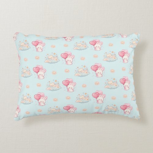 Cute Kawaii Bunny and Sleepy Bear Pastel Blue Accent Pillow