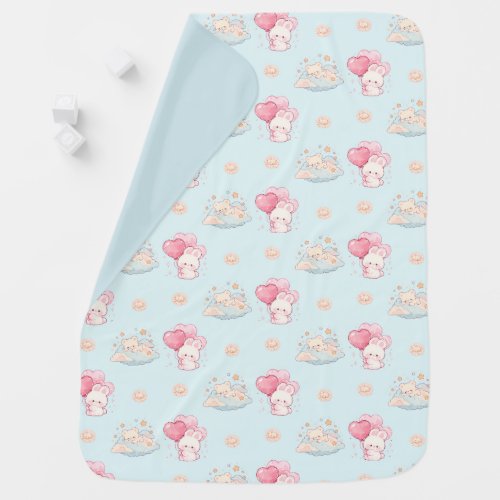 Cute Kawaii Bunny and Sleepy Bear Pastel Blue Baby Blanket