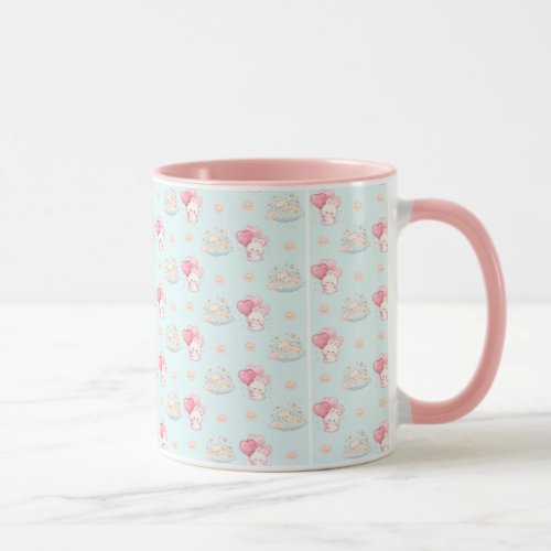 Cute Kawaii Bunny and Sleepy Bear Pastel Blue Mug