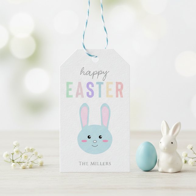 Cute Kawaii Bunny Blue Happy Easter Modern Gift Tags (Creator Uploaded)