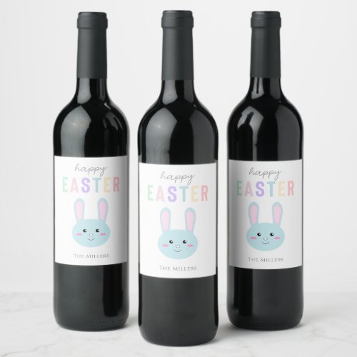 Cute Kawaii Bunny Blue Happy Easter Modern Wine Label