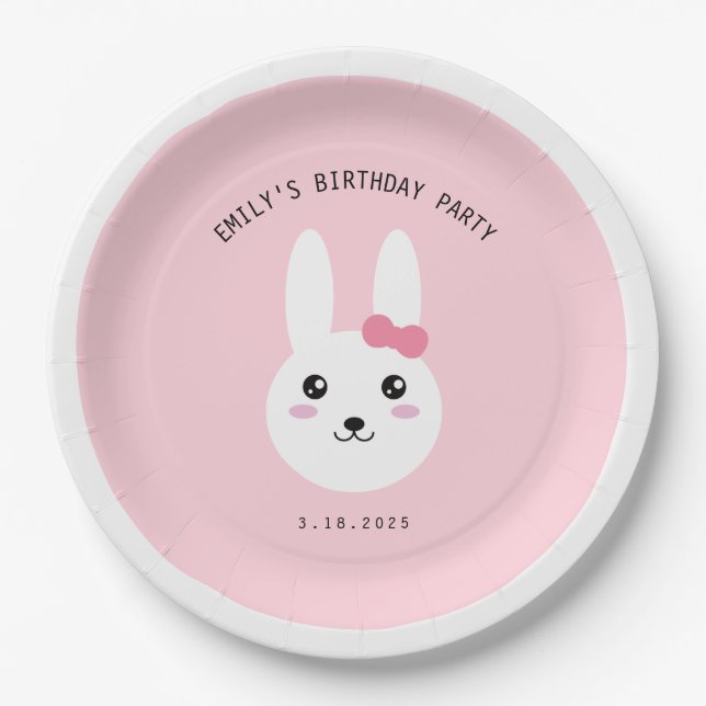 Cute Kawaii Bunny Bow Pink Birthday Celebration    Paper Plates (Front)