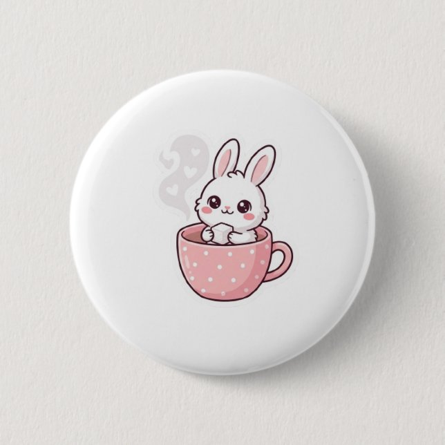 :  Cute Kawaii Bunny in Teacup Button. Button (Front)