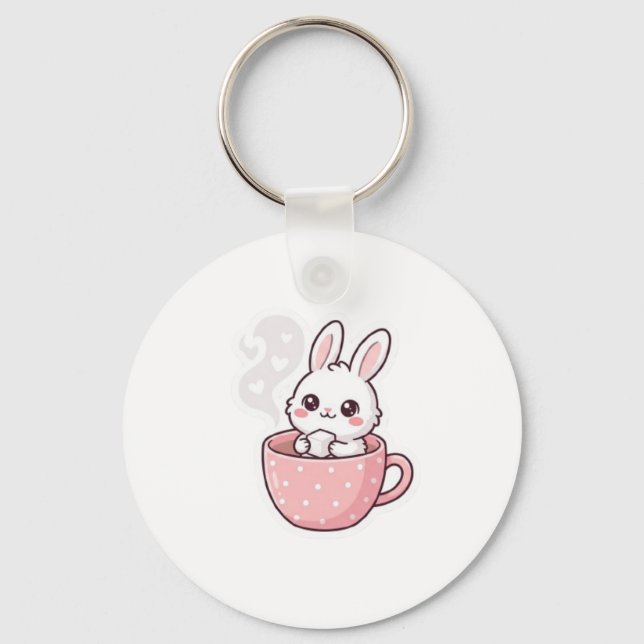:  Cute Kawaii Bunny in Teacup Button. Keychain (Front)