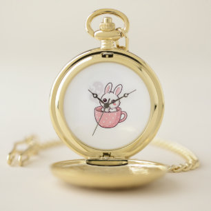 Cute Kawaii Bunny in Teacup Button. Pocket Watch