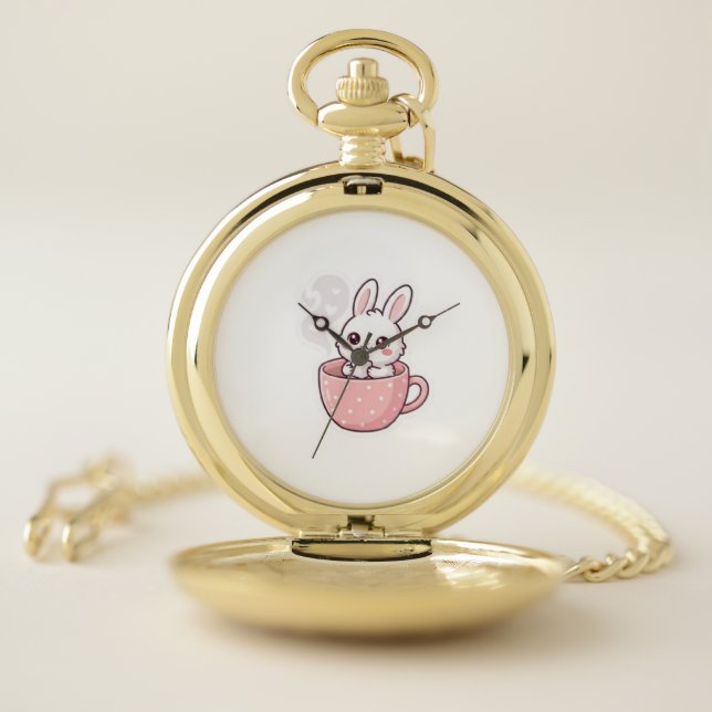  Cute Kawaii Bunny in Teacup Button. Pocket Watch (Inside)