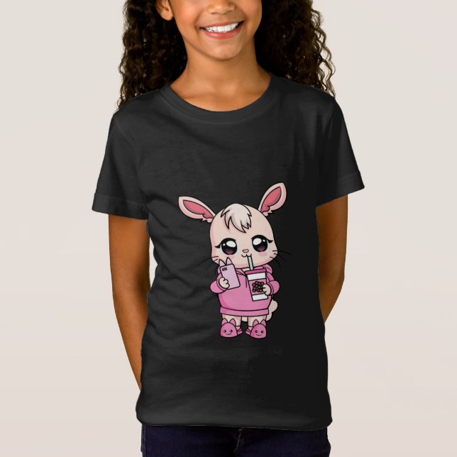 Cute Kawaii Bunny Pink Boba Tea Rabbit Easter Gift T-Shirt (Front)