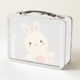 Cute Kawaii Bunny & Polka Dots Kids Custom Name Metal Lunch Box