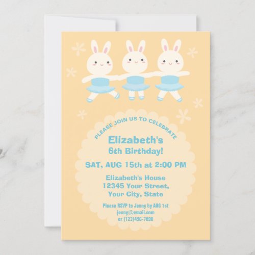 Cute Kawaii Bunny Rabbit Ballerina Girl Birthday Invitation