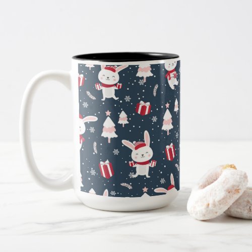 Cute Kawaii Bunny Rabbit Christmas Pattern 7 Two_Tone Coffee Mug