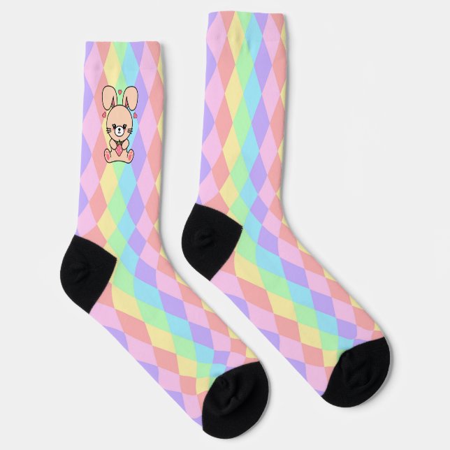 Cute Kawaii Bunny Rabbit on Pastel Diamonds Socks (Right)