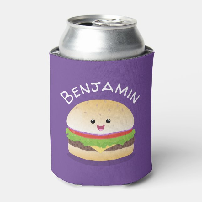 Cute kawaii burger cartoon illustration can cooler (Can Front)
