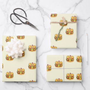 Cute kawaii burgers pattern on cream wrapping paper sheets