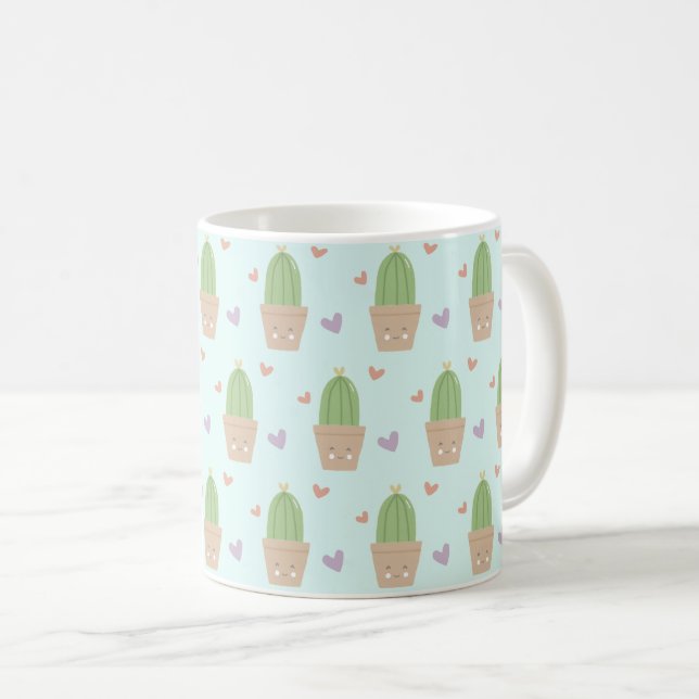 Cute Kawaii Cactus and Hearts Pattern Coffee Mug (Front Right)