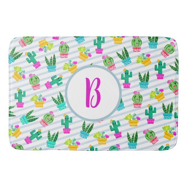 Cute Kawaii Cactus & Potted Succulents Bath Mat (Front)
