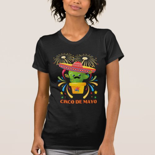 Cute Kawaii Cactus With Sombrero Cinco De Mayo T_Shirt