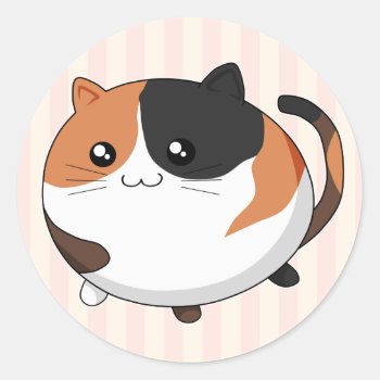 Cute Kawaii Calico Kitty Cat Classic Round Sticker by DiaSuuArt at Zazzle