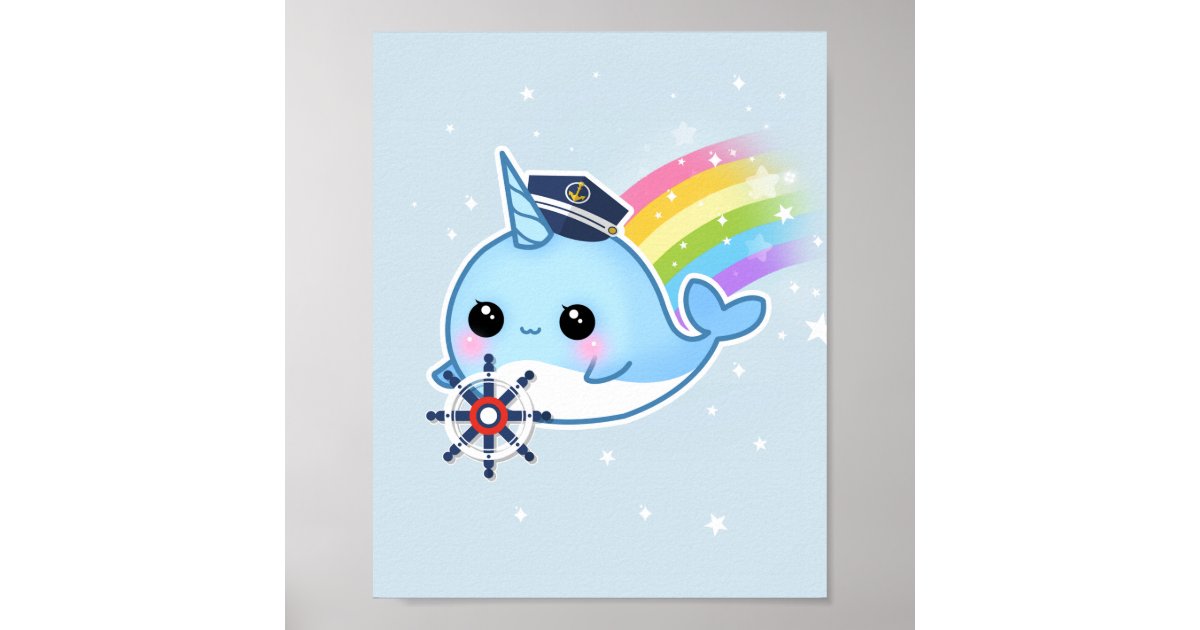 Cute Kawaii Captain Narwhal With Rainbow Poster Zazzle Com