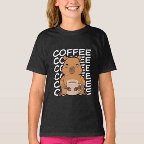 Cute Kawaii Capybara Drinking Coffee T_Shirt