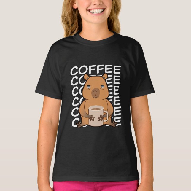 Cute Kawaii Capybara Drinking Coffee T-Shirt (Front)