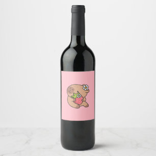Cute Kawaii Capybara Strawberry Flower Birthday Gi Wine Label