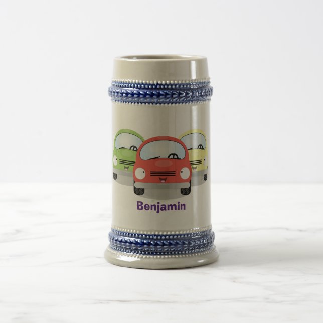Cute kawaii cars cartoon illustration beer stein (Center)