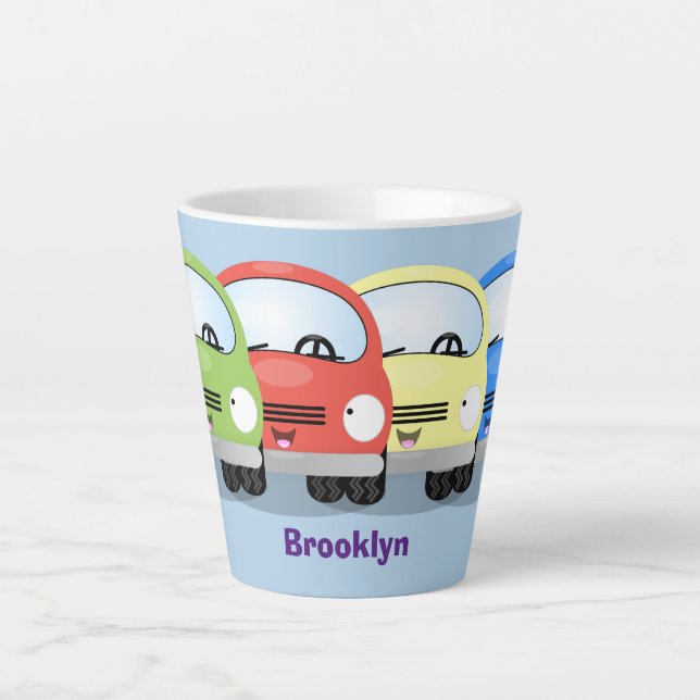 Cute kawaii cars cartoon illustration latte mug (Front)