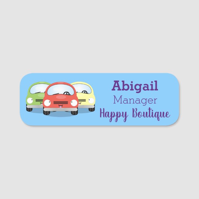 Cute kawaii cars cartoon illustration name tag (Front)