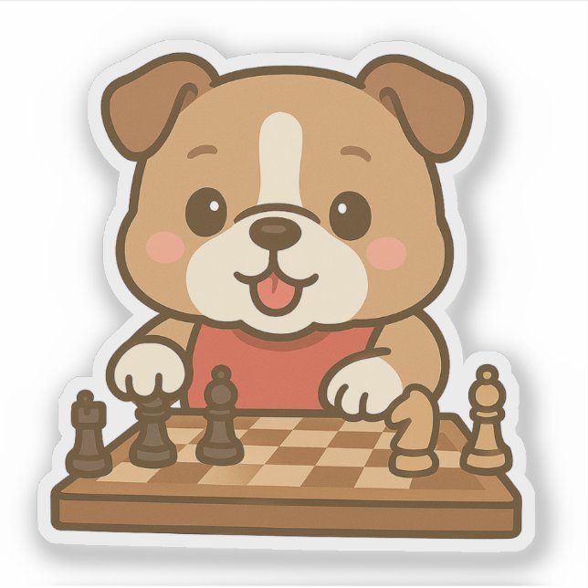 Cute Kawaii Cartoon Bulldog Dog Playing Chess Sticker (Front)