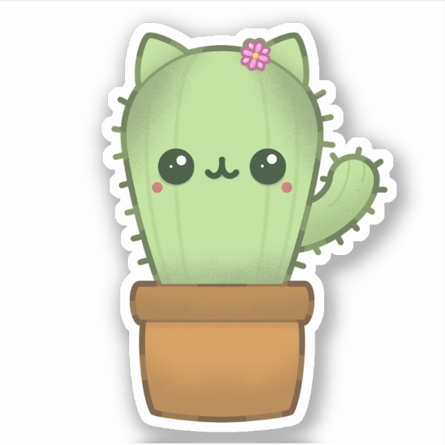 Cute Kawaii Cartoon Cat Cactus Sticker (Front)