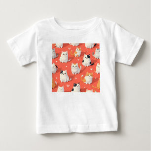 Cute Kawaii Cartoon Cat Seamless Pattern on Coral Baby T-Shirt