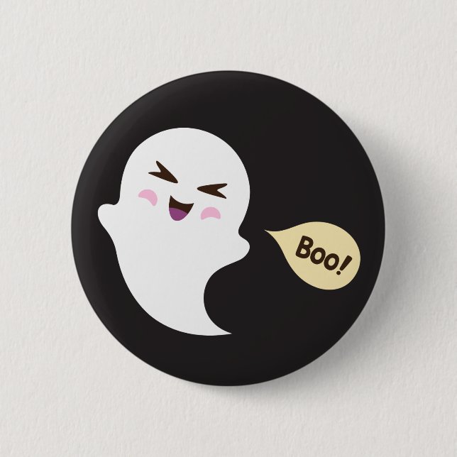 Cute kawaii cartoon ghost saying boo Halloween Button (Front)