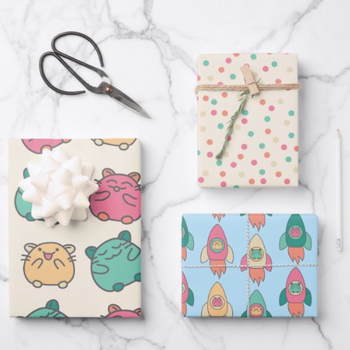 Cute Kawaii Cartoon Hamster Themed Patterned Wrapping Paper Sheets