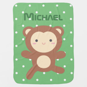 Cute Kawaii Cartoon Monkey Boy Green Polka Dots Baby Blanket