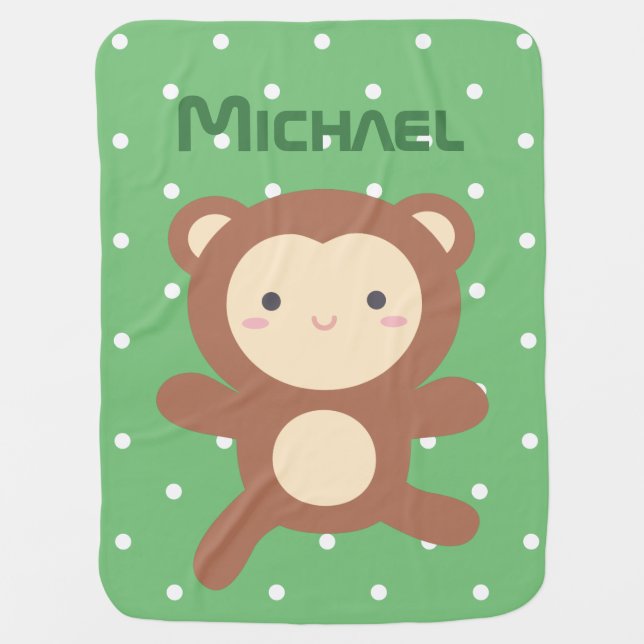 Cute Kawaii Cartoon Monkey Boy Green Polka Dots Baby Blanket (Front)