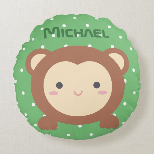 Cute Kawaii Cartoon Monkey Boy Kids Nursery Round Pillow (Front)