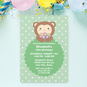 Cute Kawaii Cartoon Monkey & Flowers Kids Birthday Invitation