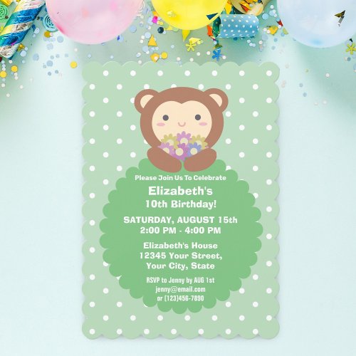 Cute Kawaii Cartoon Monkey  Flowers Kids Birthday Invitation