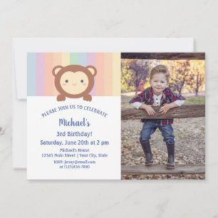 Cute Kawaii Cartoon Monkey Kids Birthday Photo Invitation
